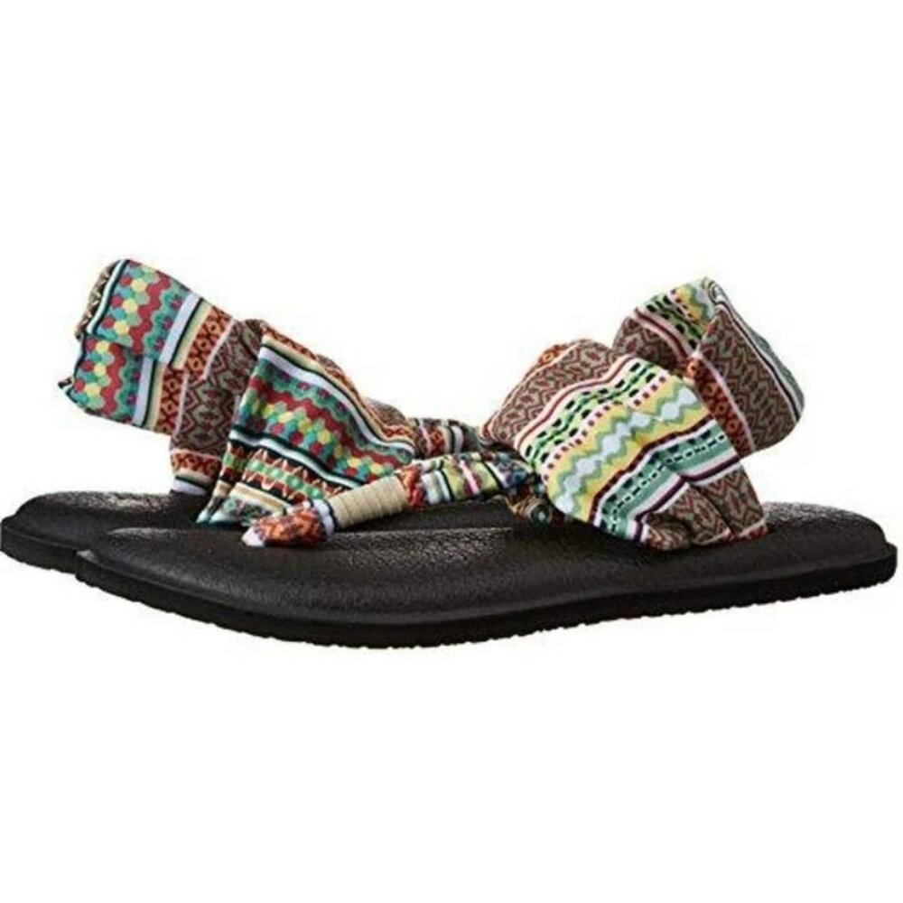 Sanuk Yoga Sling 2 Flip Flop Sandals Women's 8 Black Natural Koa Tribal Beach